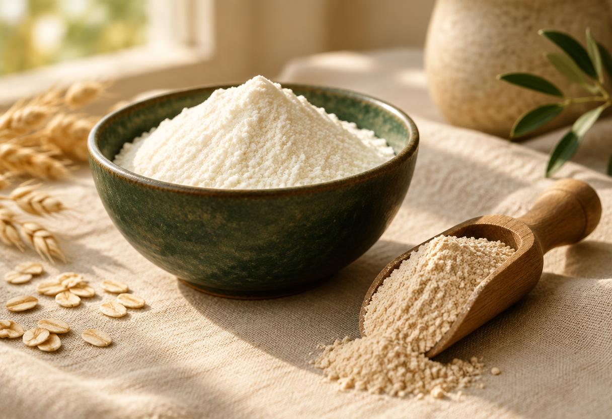Dairy and plant-based powders on a warm studio surface