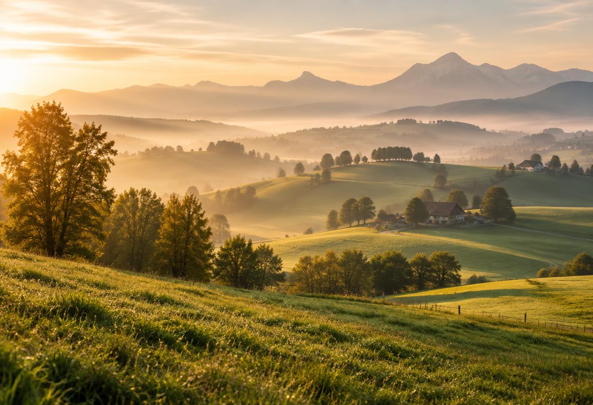 Green meadows and rolling hills near Bern, Switzerland